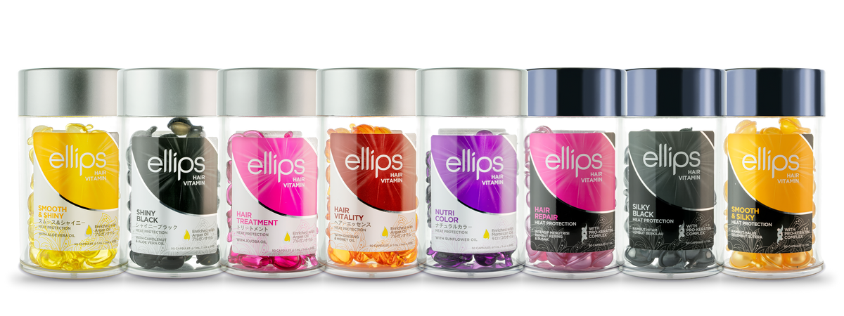 The eight Ellips Hair Vitamin jars in a row: Smooth & Shiny, Shiny Black, Hair Treatment, Hair Vitality, Nutri Color, Hair Repair, Silky Black, Smooth & Silky