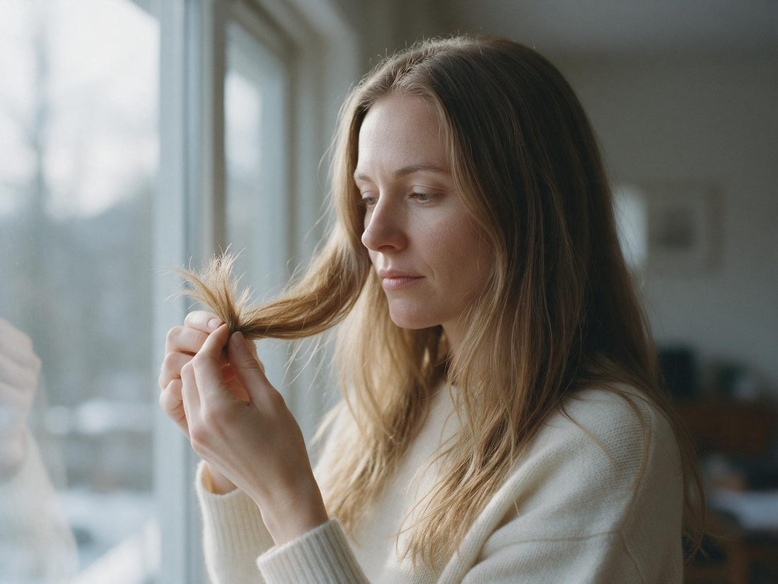 A woman by a window in winter daylight looks closely at the dry, frizzy ends of her long light-brown hair