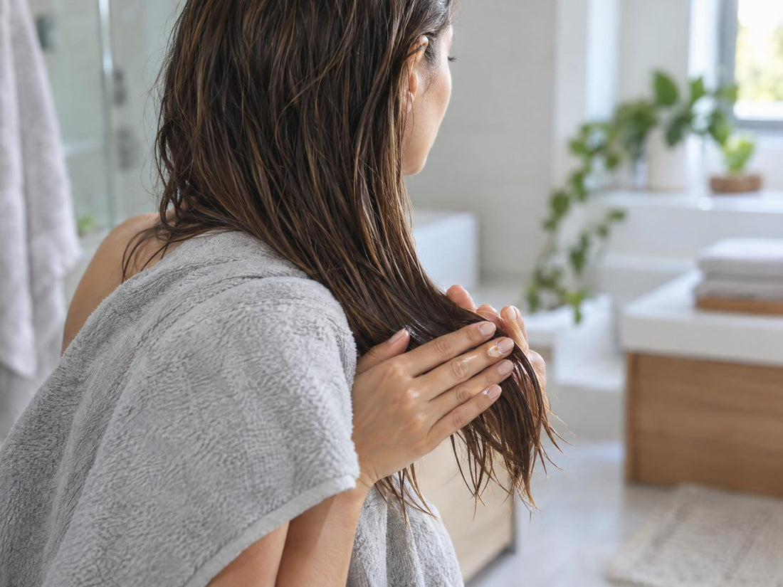 Hands working a small amount of hair oil through the damp lengths and ends of long hair