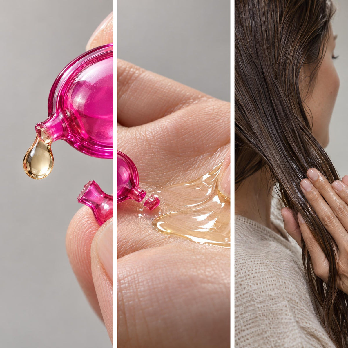 Odkręcanie końcówki kapsułki SILKORA Hair Treatment, olejek na dłoni i rozprowadzanie go na włosach