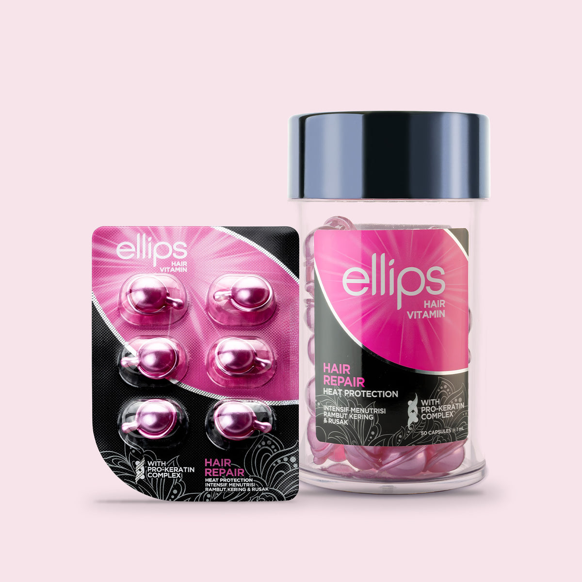 Ellips Hair Repair try size blister next to the 50-capsule jar