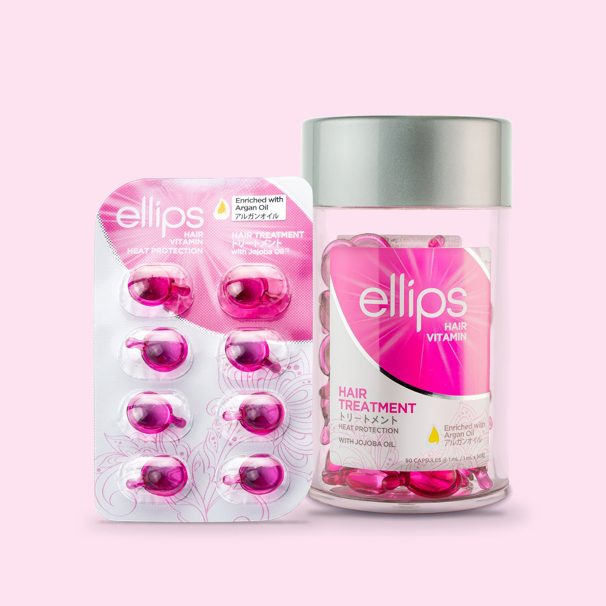 Ellips Hair Treatment try size blister next to the 50-capsule jar
