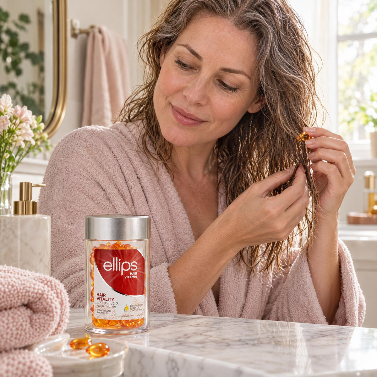 Woman working Ellips Hair Vitality oil through damp lengths, jar on the bathroom counter