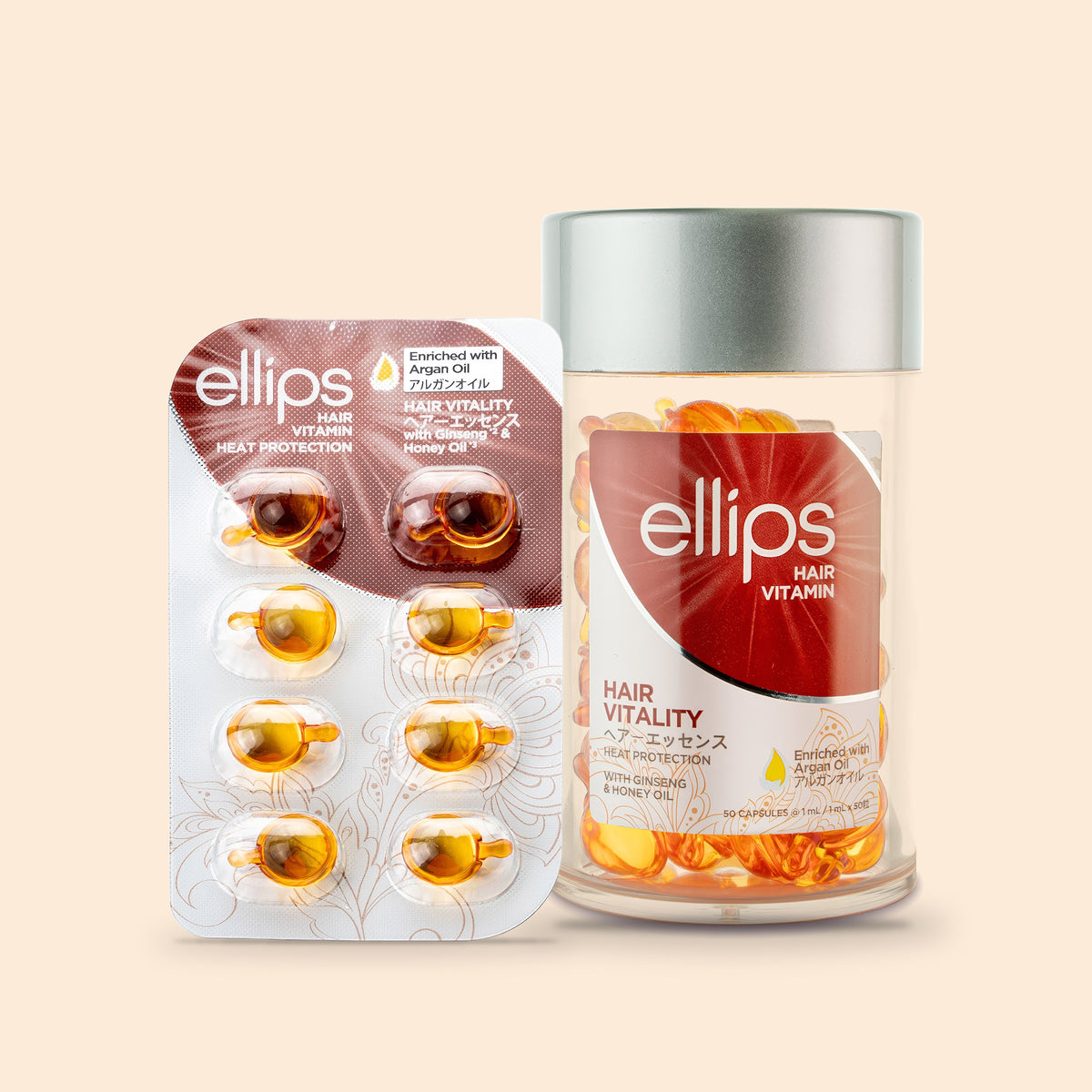Ellips Hair Vitality try size blister next to the 50-capsule jar