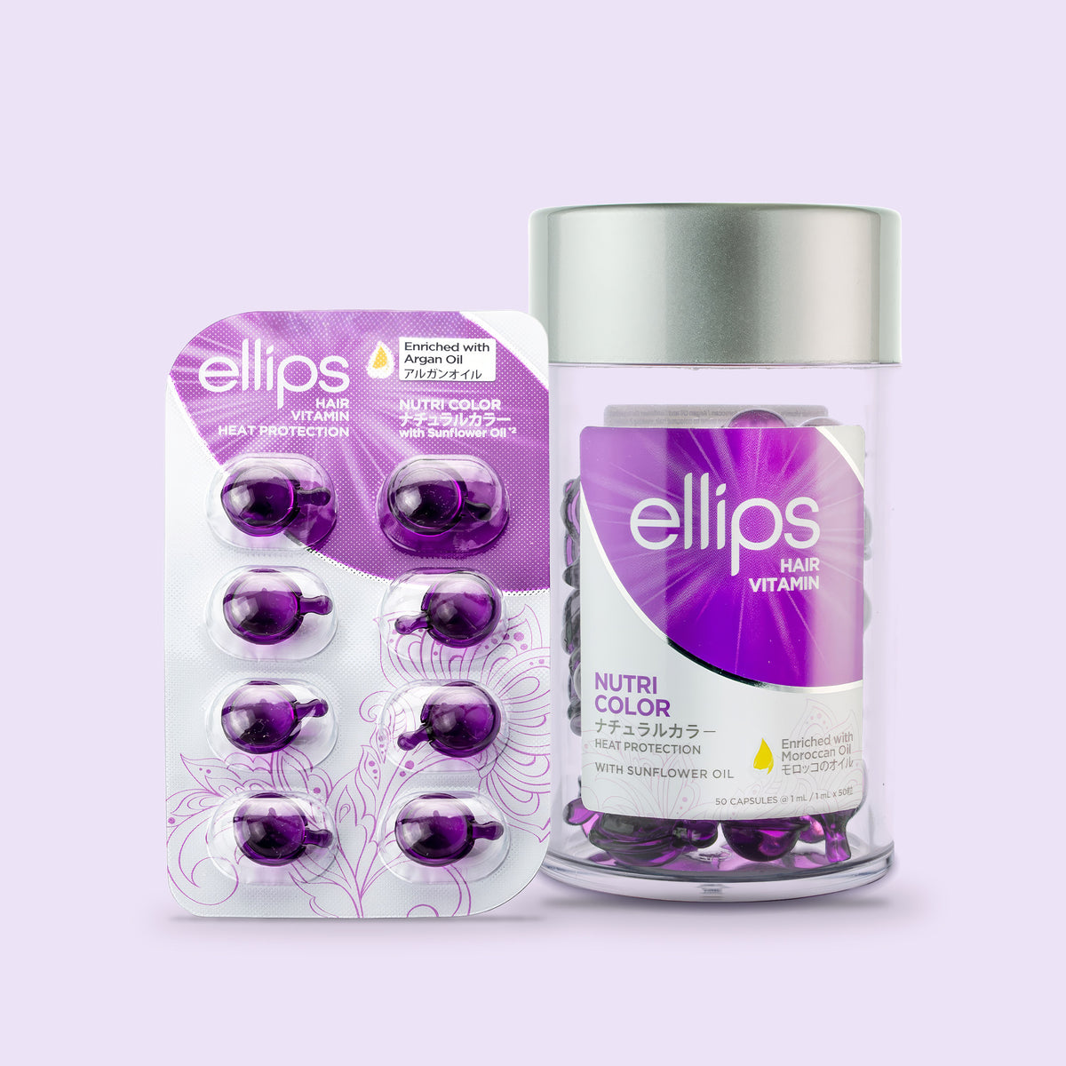 Ellips Nutri Color try size blister next to the 50-capsule jar