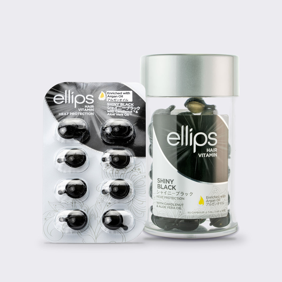 Ellips Shiny Black try size blister next to the 50-capsule jar