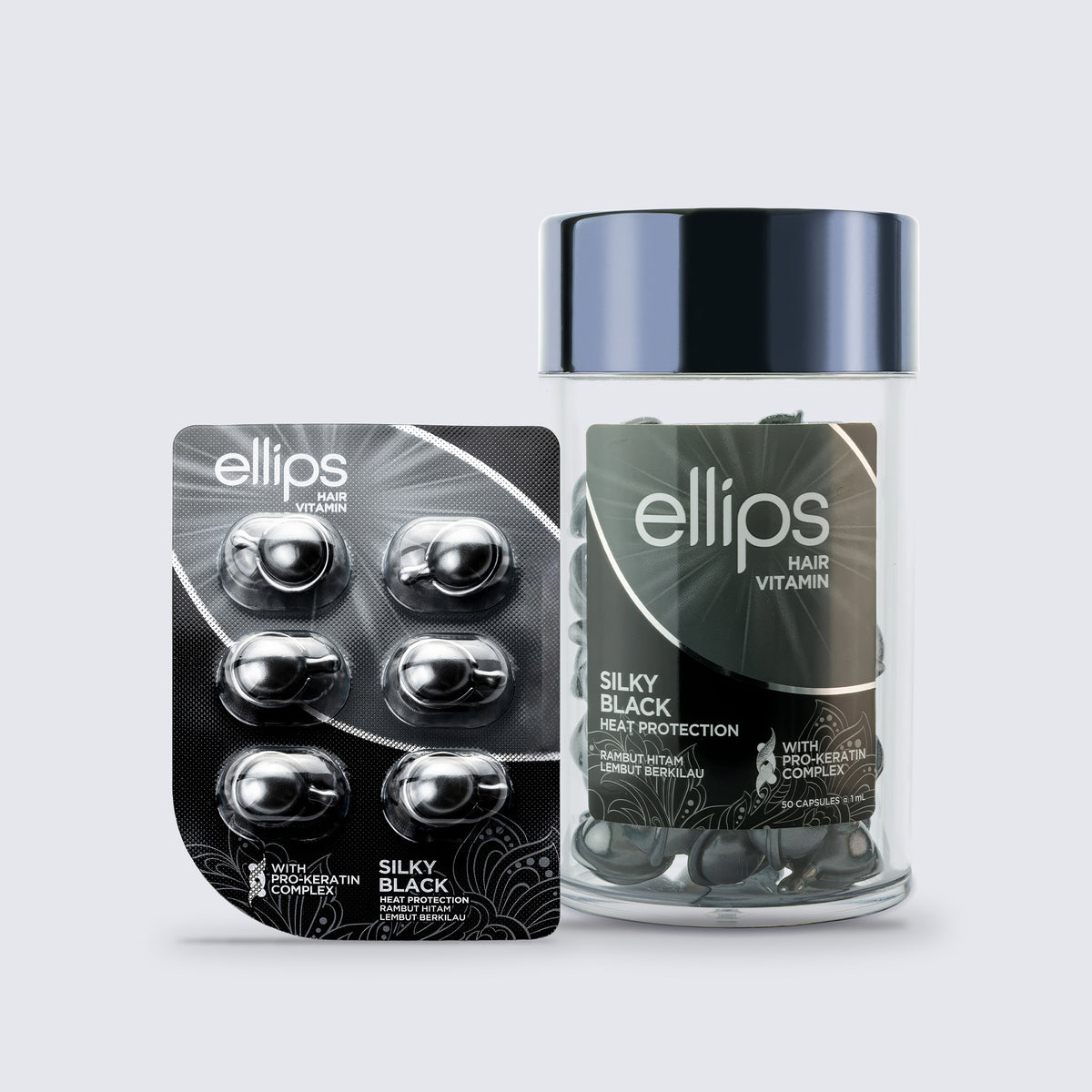 Ellips Silky Black try size blister next to the 50-capsule jar