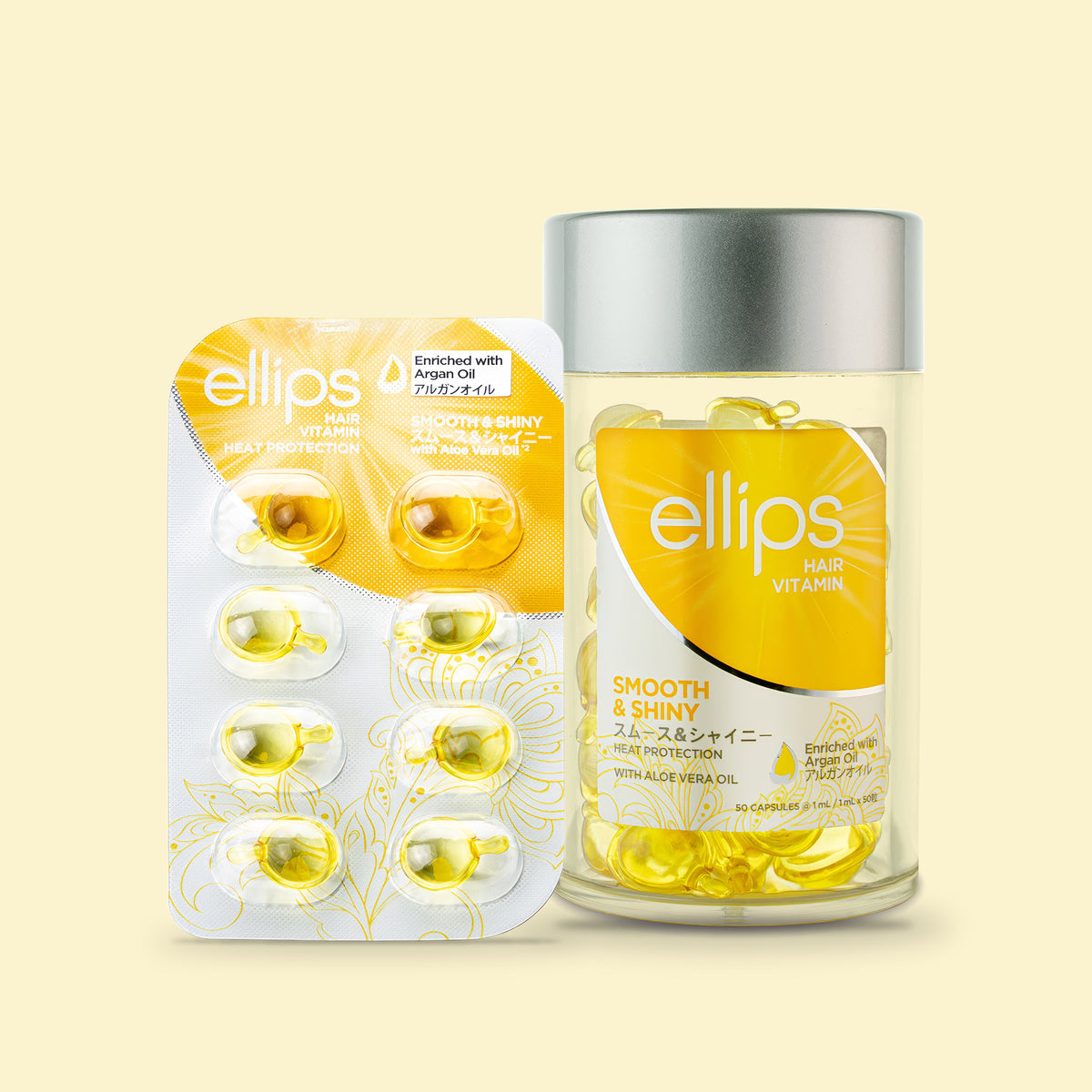 Ellips Smooth & Shiny try size blister next to the 50-capsule jar