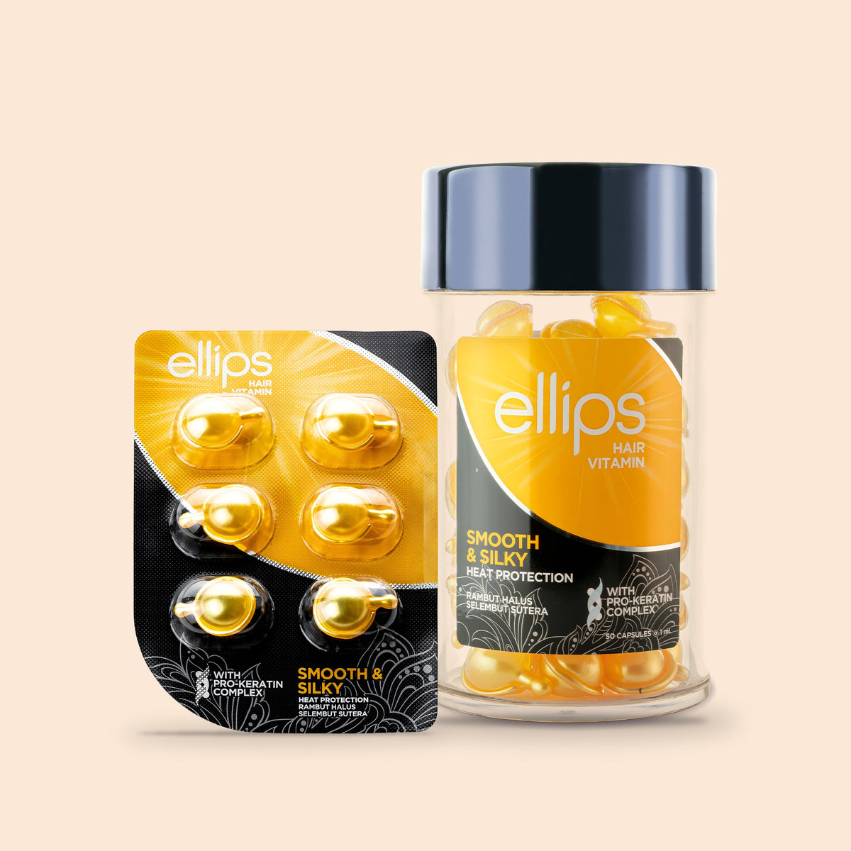 Ellips Smooth & Silky try size blister next to the 50-capsule jar
