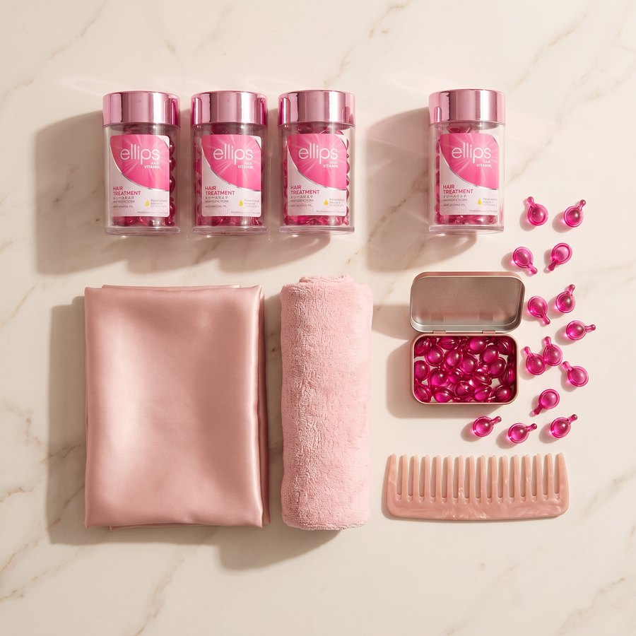 Ellips capsules and jar, flat lay