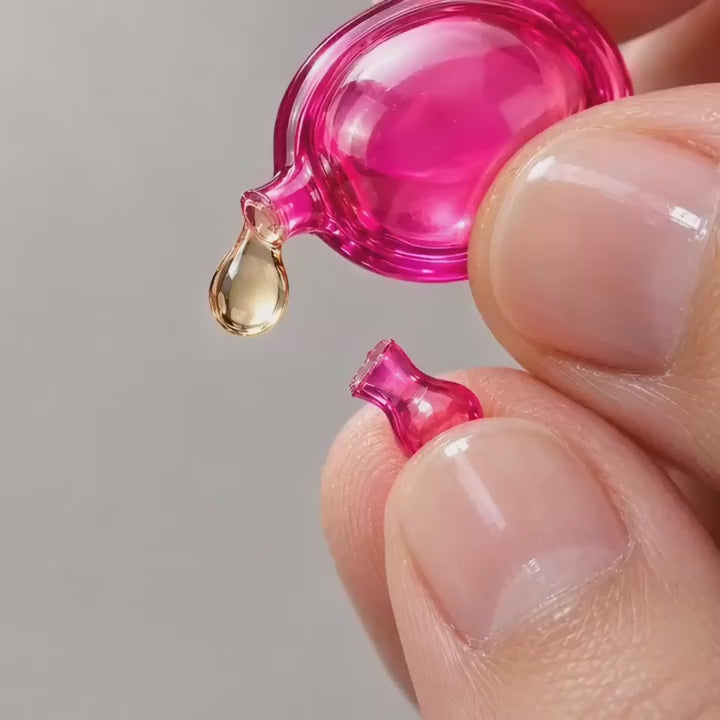 Oil dripping from an opened SILKORA Hair Treatment capsule